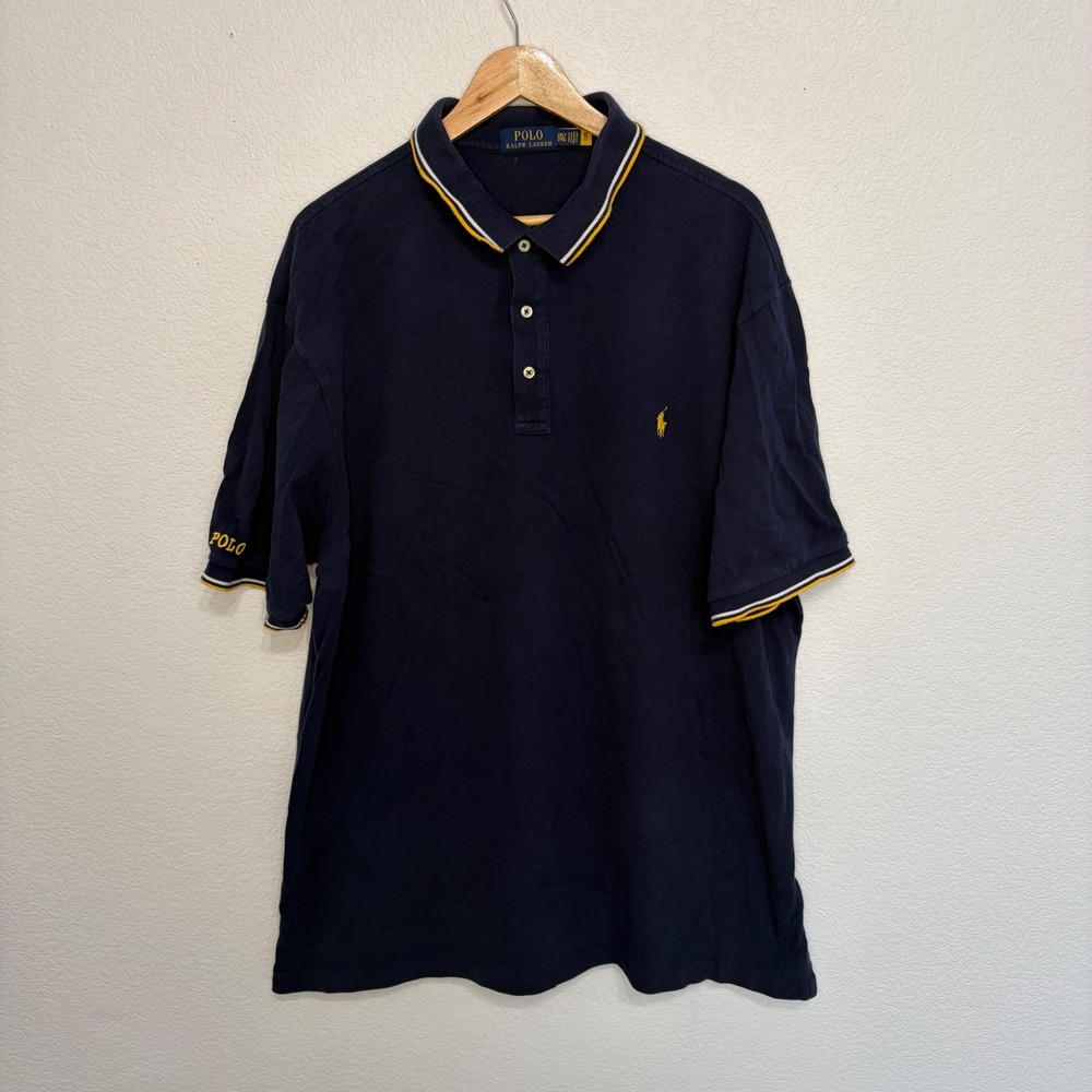 Polo Ralph Lauren Mens 2XLT Navy Blue Tipped Pique Polo Shirt Yellow Pony Logo